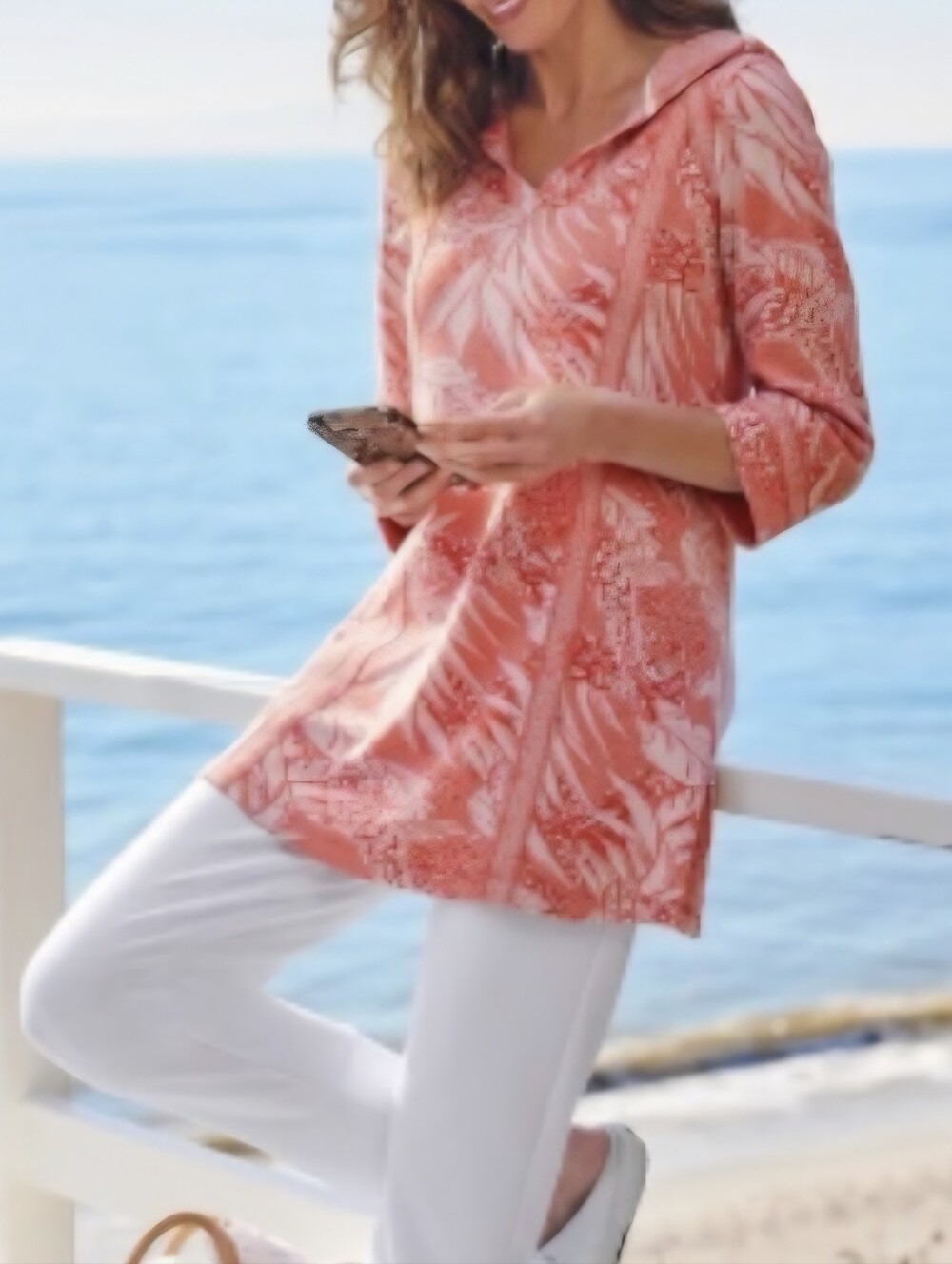 Soft Surroundings Hooded Knit Tunic Coral Pink White Tropical Floral Print 1X